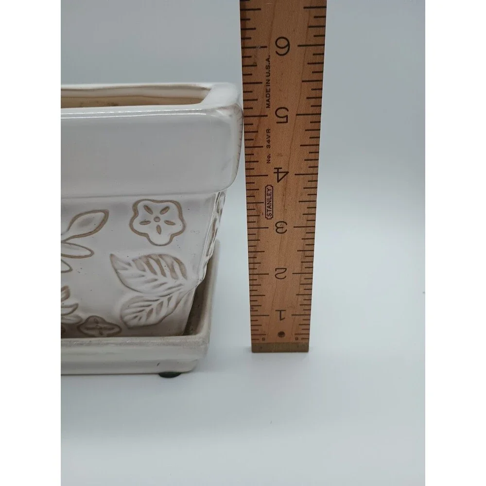 Ceramic Planter Rectangular Flower Ivory Cottage Core Granny Spring Floral